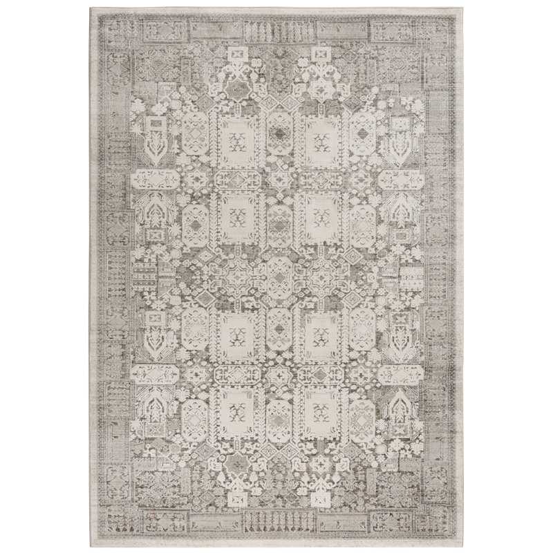 Tapis rectangulaire rectangulaire en polyester tissé à la machine ivoire / gris, Rectangle 6 pi 7 po x 9 pi 6 po