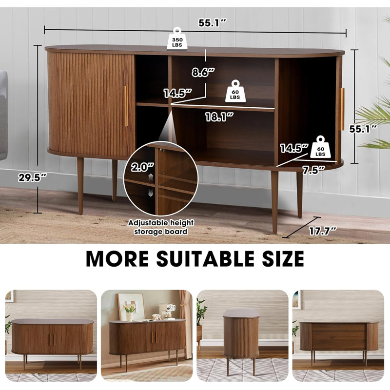 Brown Oak 55" Sideboard Buffet Cabinet with Fluted Sliding Doors
