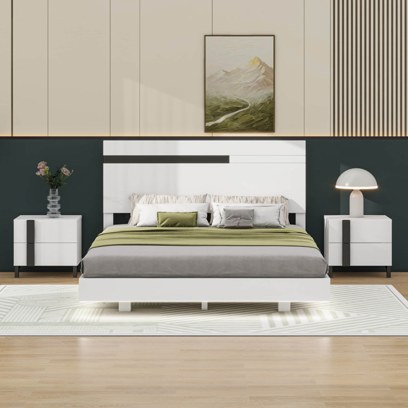 Gloss 3-Piece Bedroom Set Floating Bed Frame Queen Size Bed With LED Light & 2 Nightstands