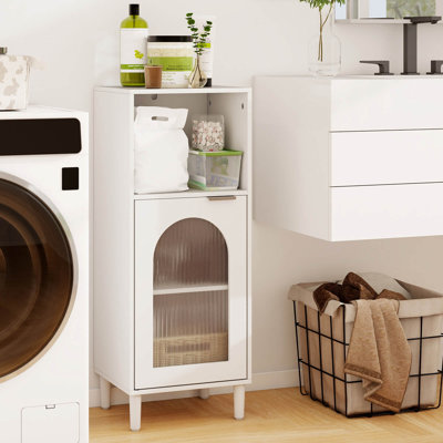 Bathroom Floor Cabinet Wood Side Storage Organizer with Adjustable Shelf White