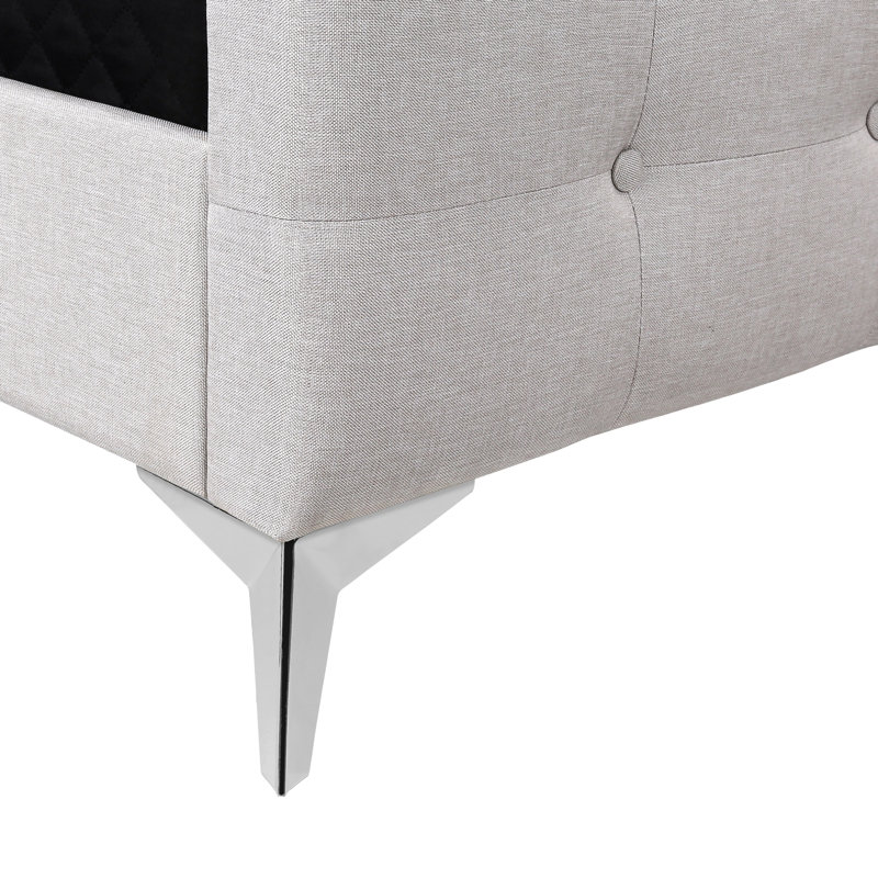 Cadre de lit plateforme grand lit avec pieds en métal revêtus de lin, beige / chrome