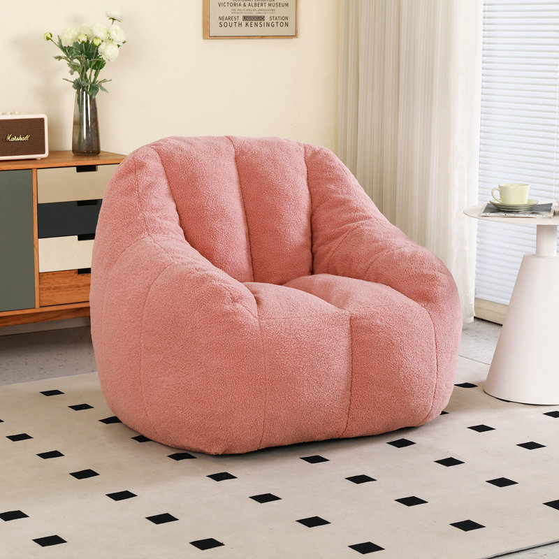 Compression Soft Teddy Fabric Tufted Memory Sponge Foam Filled Bean Bag Chair, Pink Teddy