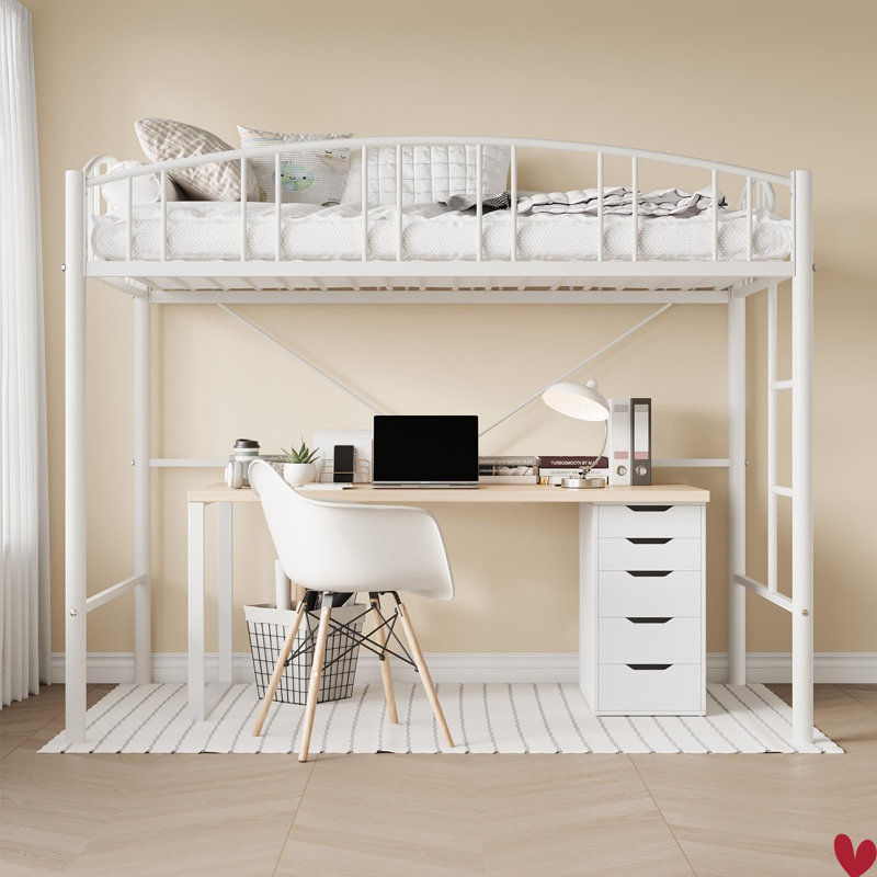Loft Bed Twin Size with Ladder and High-Arched Guardrail, Sturdy Metal Slats, Space-Saving Design, Modern Decor Style, Easy Assembly