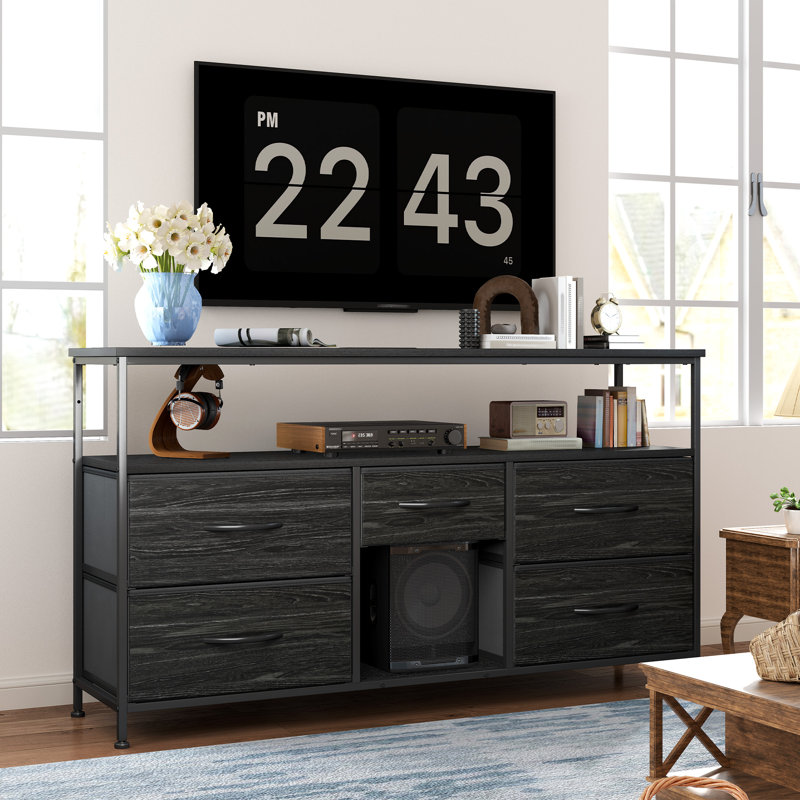 43.3"w Dresser Tv Stand With Power Outlets & Led Lights - 5 Fabric Storage Drawers, Black