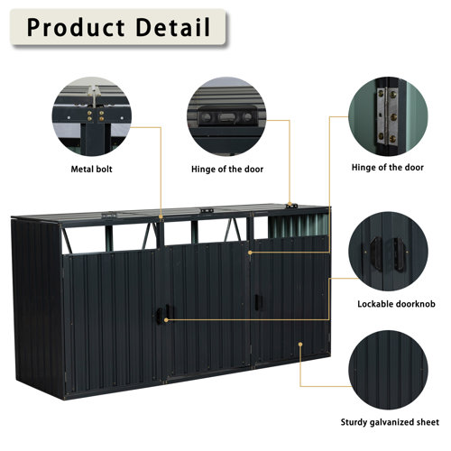 Outdoor Garbage Bin Storage Shed For 3 Trash Cans - Lockable Metal Waterproof Enclosure 7.28x2.68x3.98ft