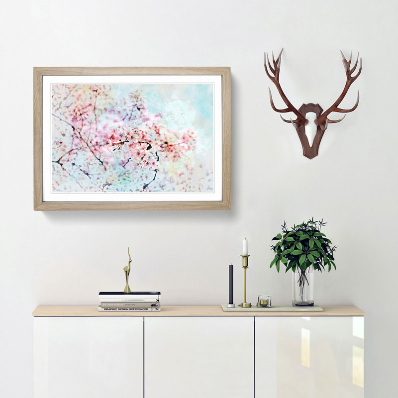 Japanese Cherry Tree in Pink in Abstract - Framed Print, 48cm H x 65cm W x 2cm D, Oak Framed