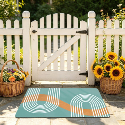 Mid-Century Geometric Arch Rug, 24" x 36", for Front Door, Teal & Orange