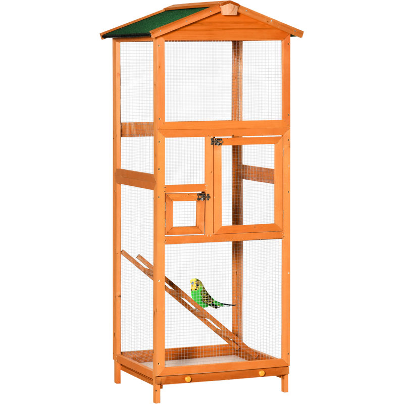 Volière orange en bois avec cage à oiseaux de 65 po avec 2 portes, plateau coulissant, pour perroquets et perruches
