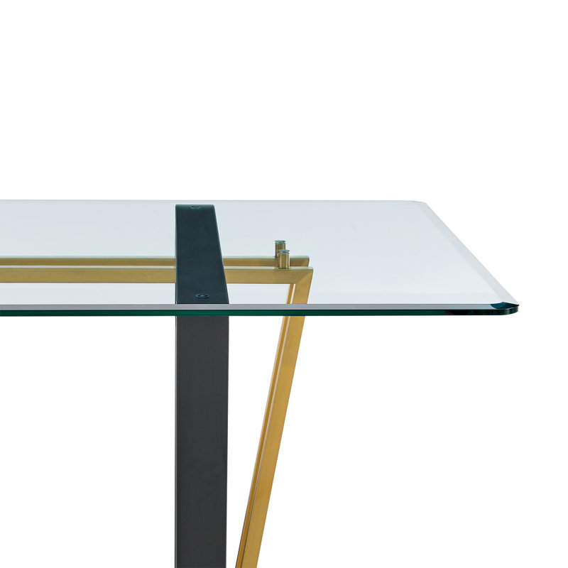 Table de salle à manger rectangulaire de 72 po avec base en acier noir et verre Jaqueal, Noir / or