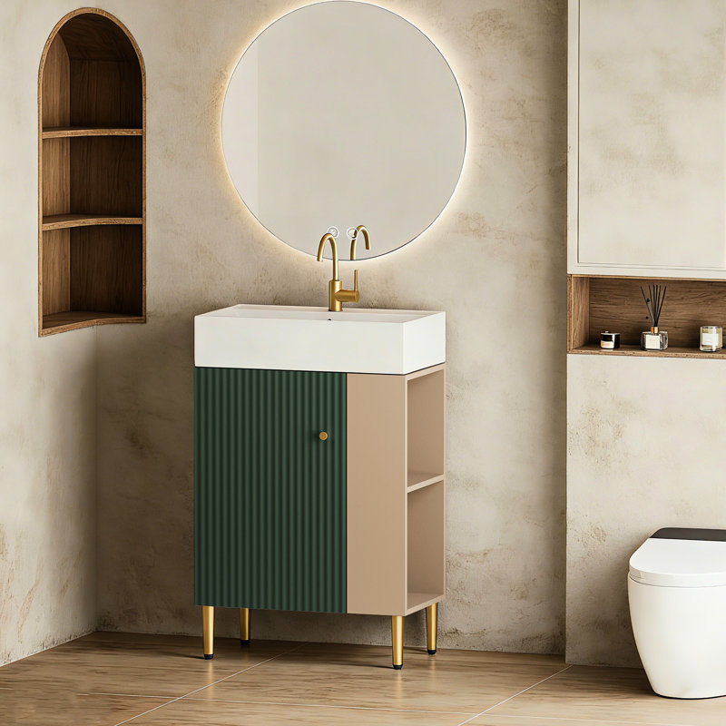 Meuble-lavabo compact de 21,6 po, armoire à fermeture en douceur, tablette latérale ouverte à droite et tablettes de lavabo teintées, fini pour