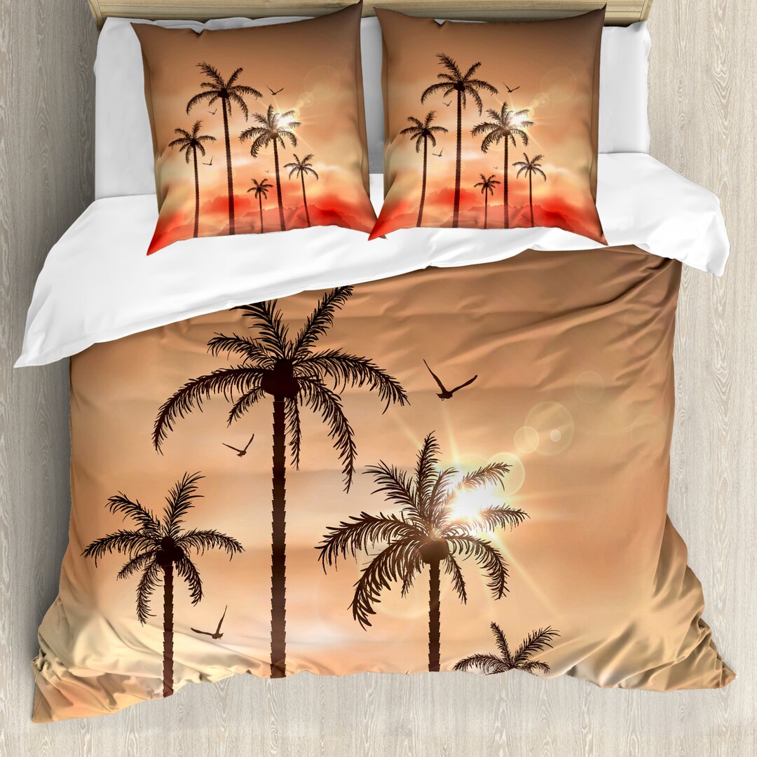 Bettbezug Set, Palms Dramatischer Himmel, Tropisch, Lachs Braun Korallenrot