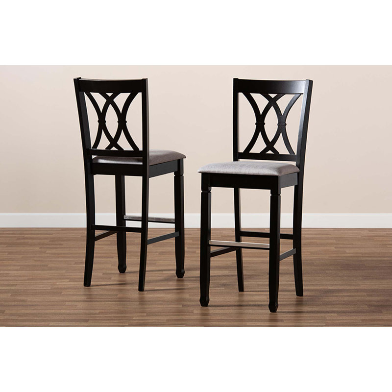 Upholstered Counter Stool with Solid Wood Frame, Black, Light Gray