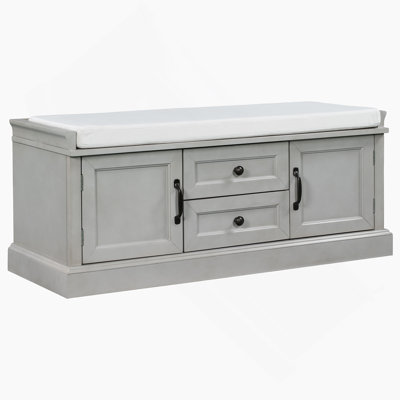 Storage Bench with 2 Drawers and 2 Cabinets, Shoe Bench with Removable Cushion for Living Room, Entryway