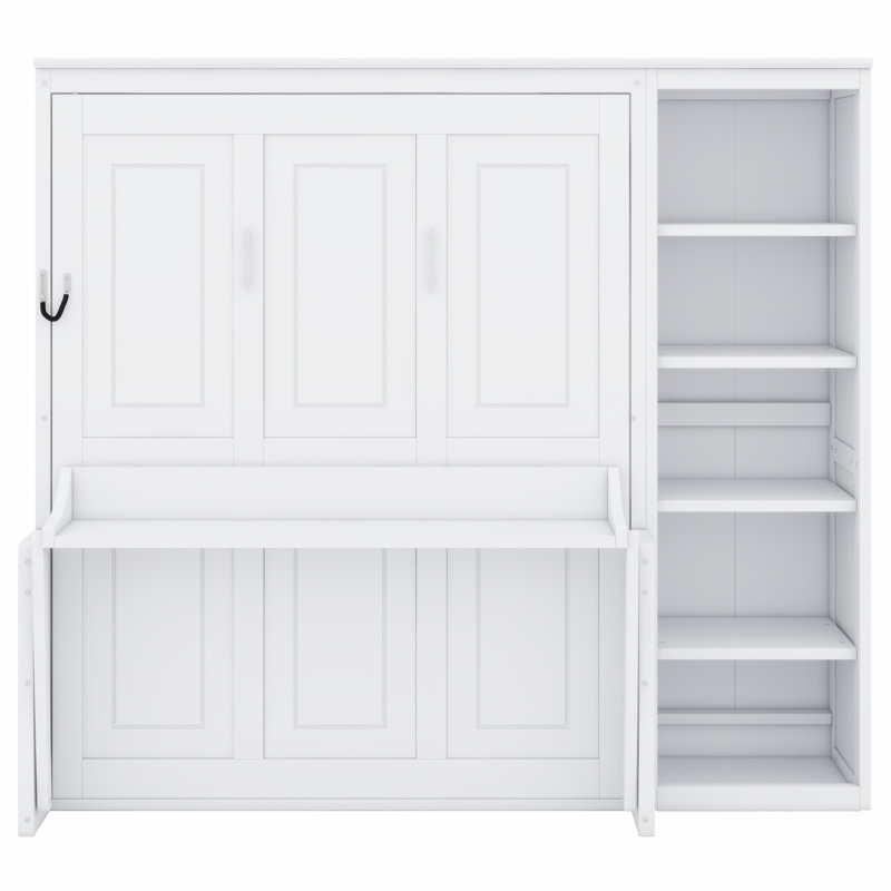 Murphy Bed with Desk and Shelves, Multi-Functional Wall Bed, White