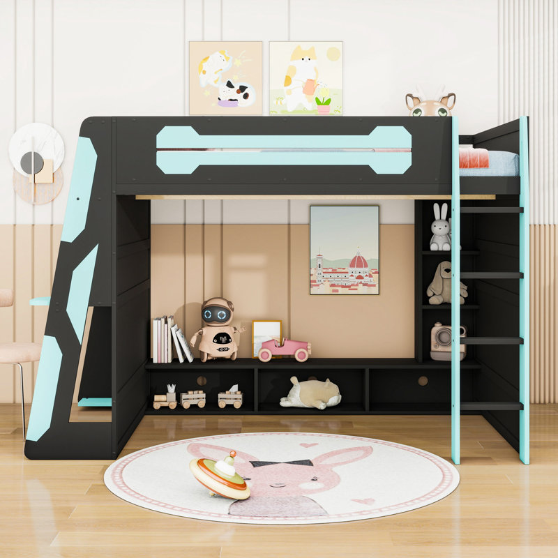 Lit mezzanine double avec bureau, lumière RVB et tablettes de rangement, Bleu nuage