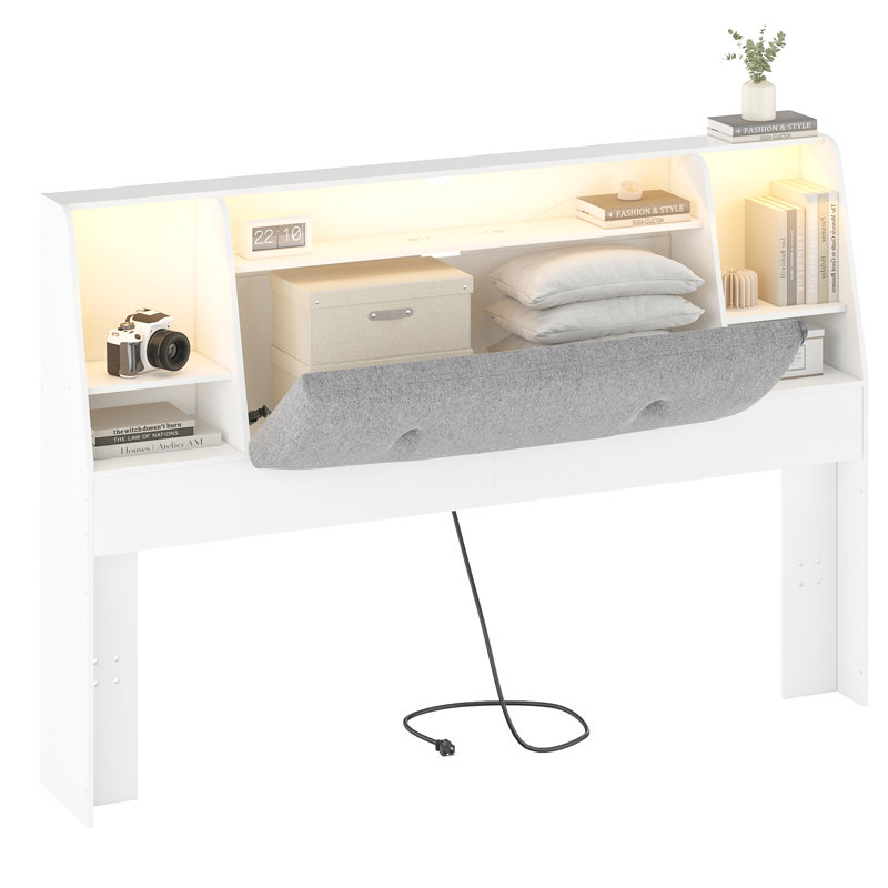 Bookcase Headboard with Charging Station & LED Lights, Upholstered Storage Headboard with Open Shelves, Queen, White