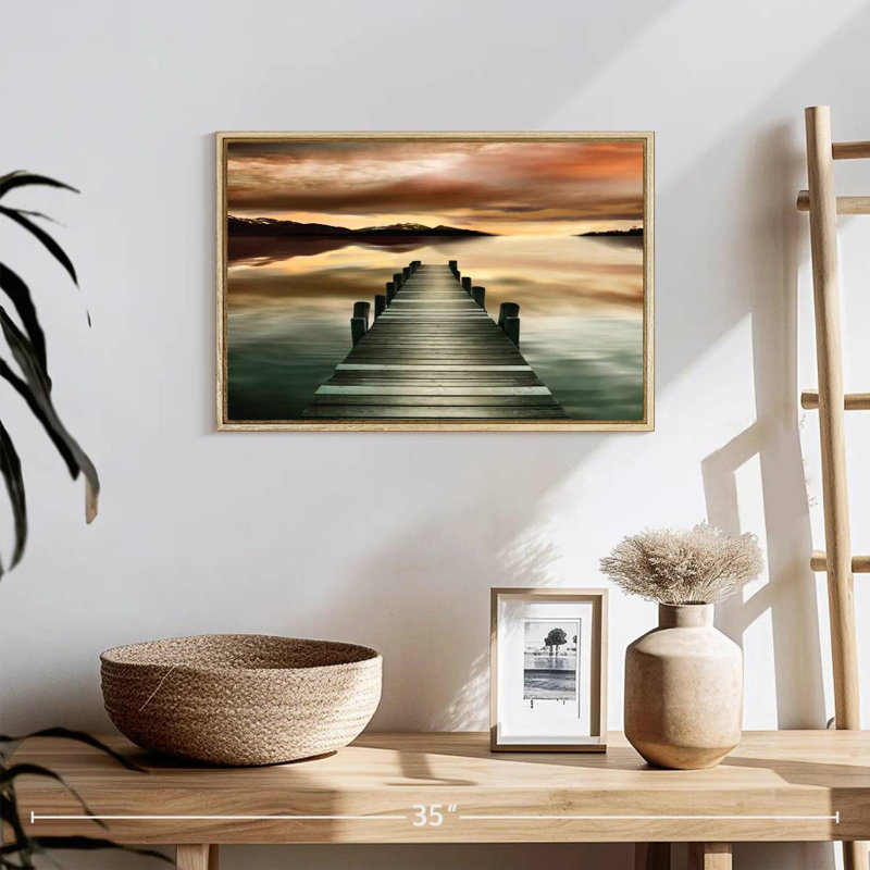 Jetée au coucher du soleil, Cadre flottant en bois naturel, 19 po x 13 po