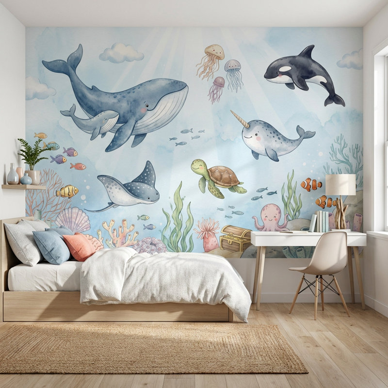 Décoration murale fantaisiste sous-marine marine, 120 po x 96 po, Peler et coller
