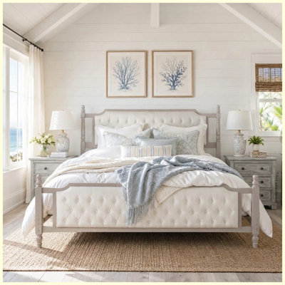 Queen Size Taupe Modern French Country Upholstered Platform Bed with Button Tufted Headboard