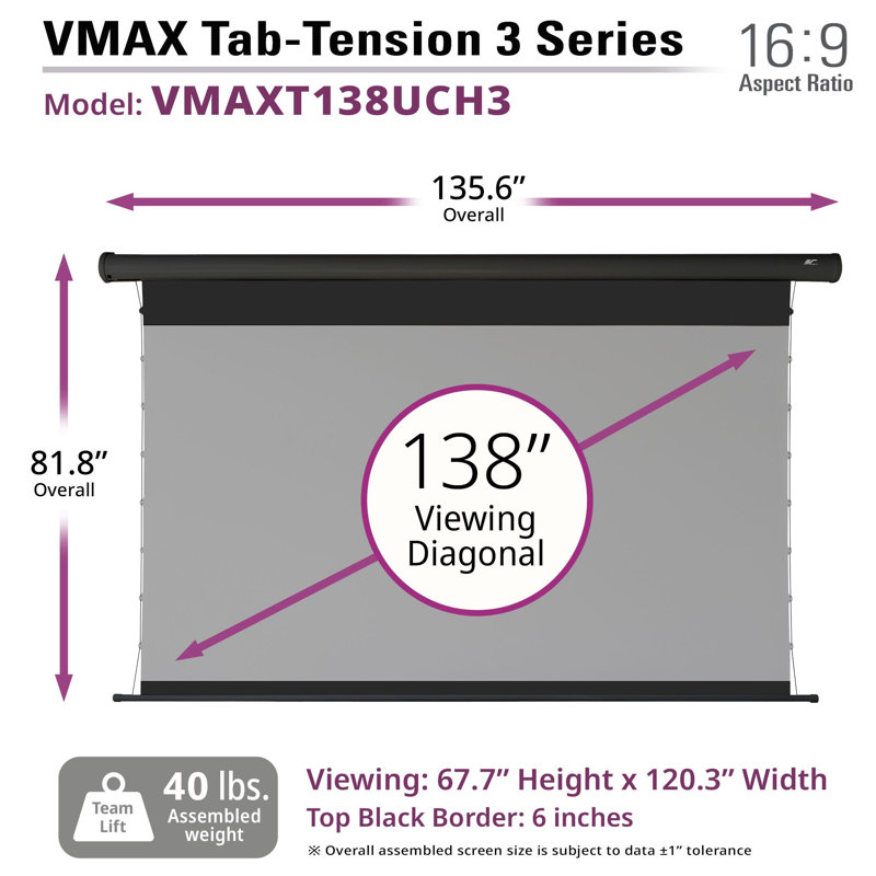 VMAX Tab-Tension 3, CineGrey High-Contrast Front Projection 4K UHD Electric Projector Screen, 67.7" H x 120.3 W