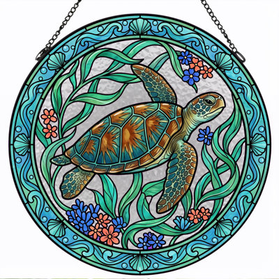 Sea Turtle Stained Glass Window Panel，12"H