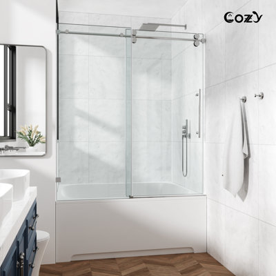 Porte de baignoire coulissante simple sans cadre l 62 à 67 po x H 66 po avec verre trempé transparent de 3/8 po (10 mm), film incassable et localisateur de trou d'installation - Rail supérieur rond