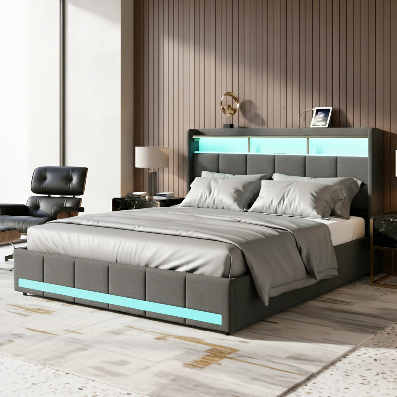 EU Double & King Linen Storage Bed With 4 Drawers & Dual LED Lights, Upholstered Bed Frame With Charging Port, Grey & Beige