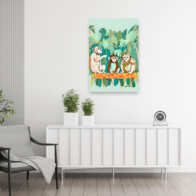 Trio de singes de la jungle, palmier abstrait, singe, serpent, paysage, nature, affiche murale, H 36 po x l 24 po