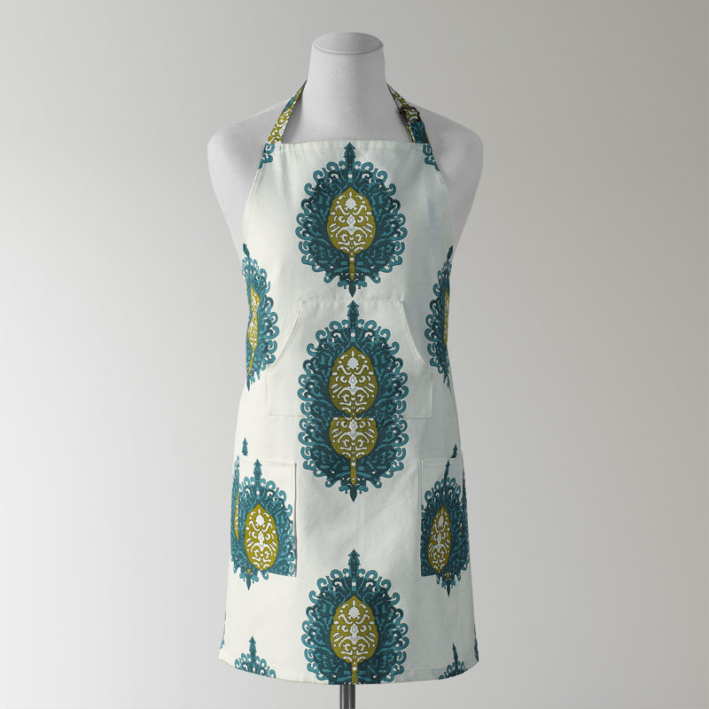 Printed Cotton Kitchen Apron with Pockets Adjustable, Mayan Teal
