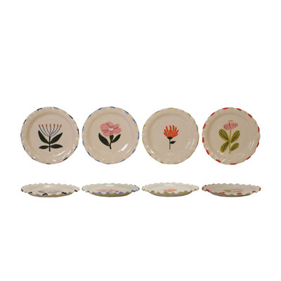 4-Piece Hand-Painted Stoneware Plate Set With Flower Image And Ruffled Edge