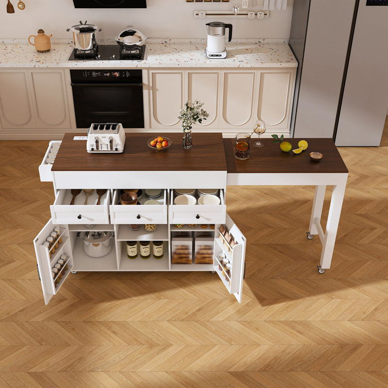 74.8" Kitchen Island with Extendable Dining Table & Power Outlet - Rolling Storage Cart on Wheels with 3 Drawers & 2 Door Cabinet for Dining Room, White