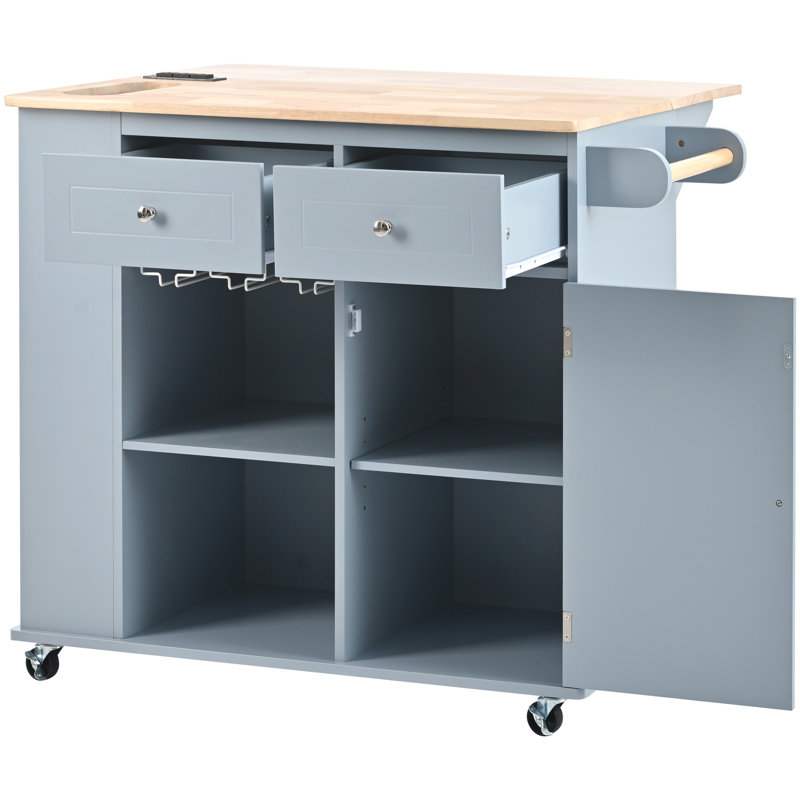 Power Outlet Kitchen Island Cart With Foldable Leaf Function, Blue, 5 Wheels, Storage, Wine Rack For Home Grey Blue Electrical & Leaf, 5-Wheeled, Area