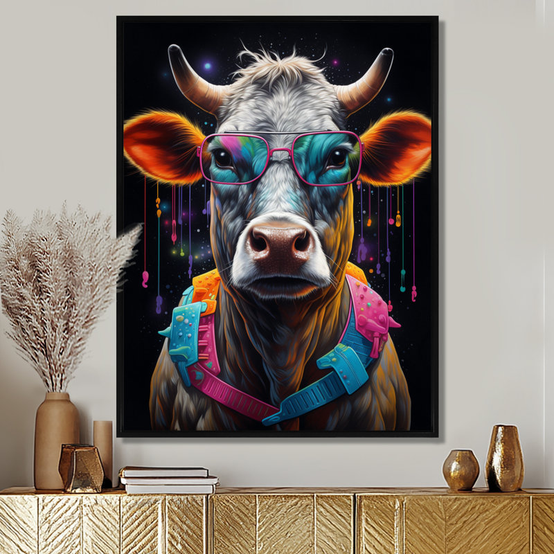 Vache avec lunettes de soleil bleues fraîches, H 20 po x l 12 po x P 1 po, Toile avec cadre noir