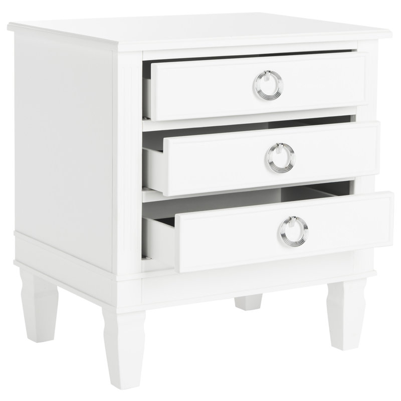Aonesty 24'' W Nightstand in Solid Wood with 3 Storage Drawers and Polished Glossy Finish for Home, White