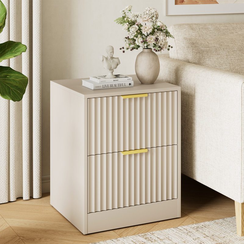 Table de chevet cannelée avec 2 tiroirs de rangement, Beige, 2