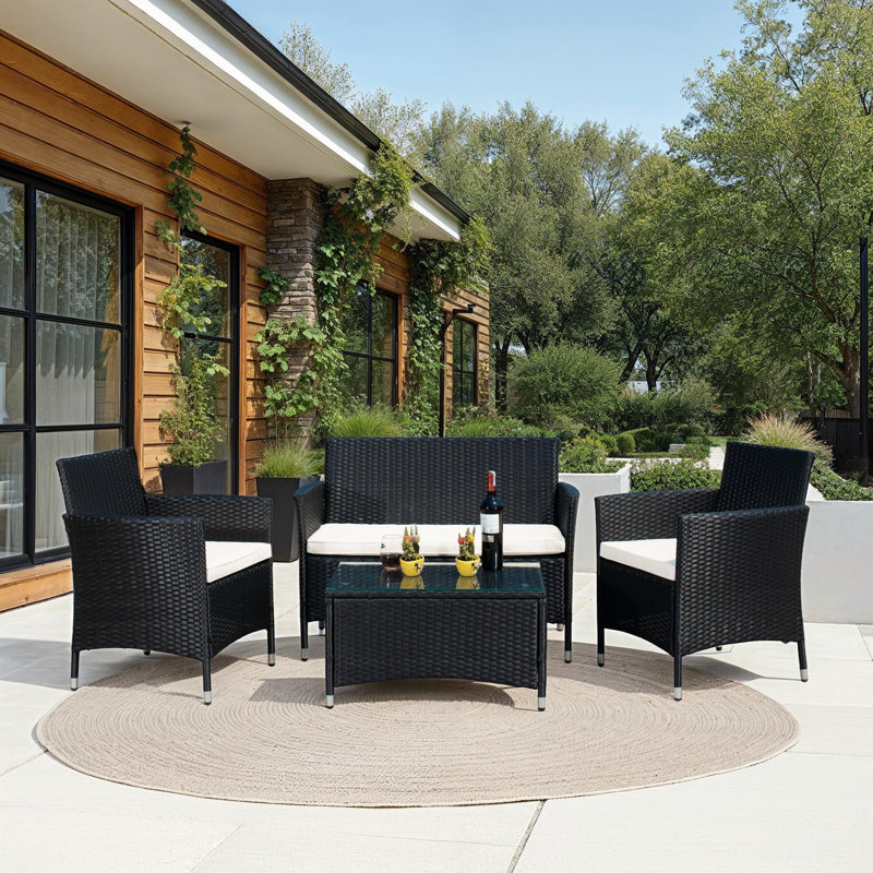 Hokendauqua 4 - Person Patio Conversation Set with Cushions, Black Frame/White Cushion