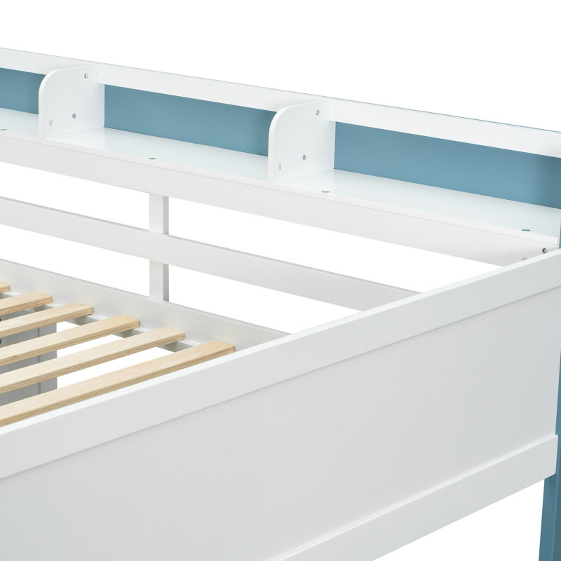 Full Loft Bed With Built-In Desk&Bookshelf, Blue