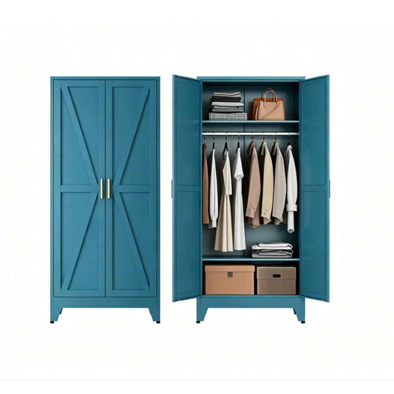 71-inch metal wardrobe, closet with hanging rods for clothes, double doors with two adjustable shelves, bedroom wardrobe, laundry room cabinet, wardrobe (classic, white)
