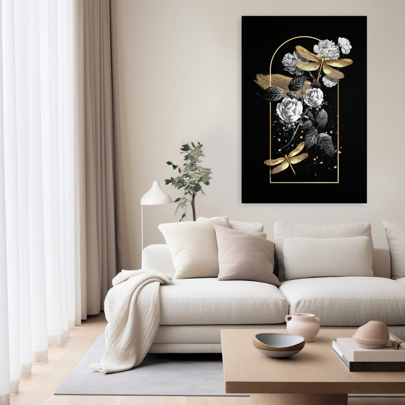 Art mural, libellule et roses dorées, H 60 po x l 40 po