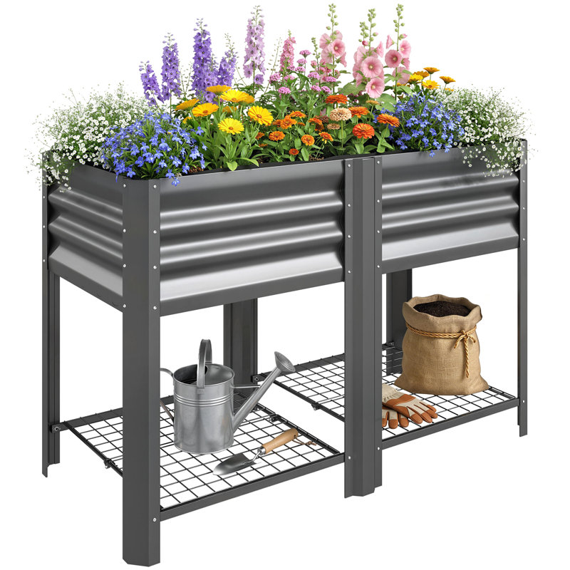 Lit de jardin surélevé, jardinière surélevée en acier galvanisé avec tablette de rangement, Gris