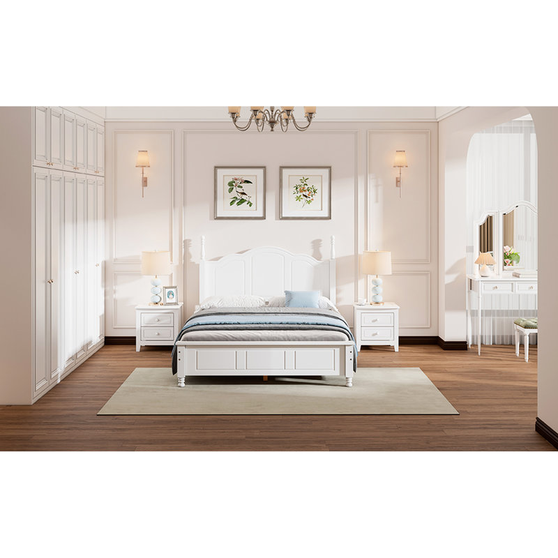 Ensemble de 3 chambres: lit plateforme en bois pleine grandeur et deux tables de chevet gracieuses - blanc avec