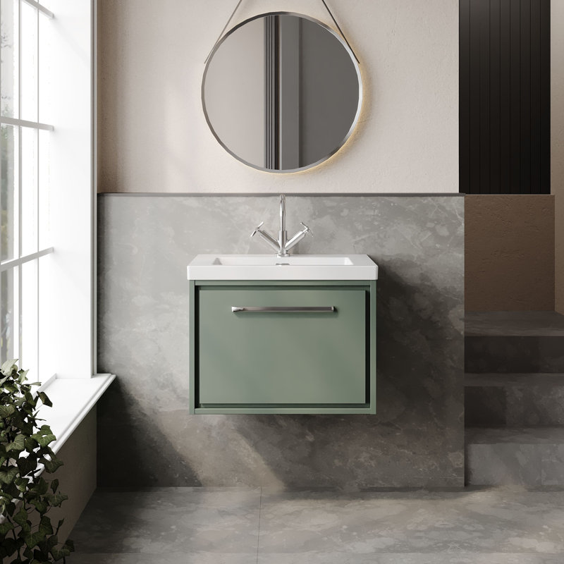 Hudson Reed Lille 600mm Fern Green 1 Drawer  Wall Hung Vanity Unit With 1 Tap Hole Fireclay Basin, Fern Green, 61.3cm W