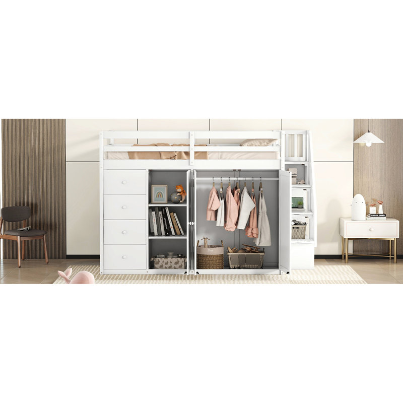 Modern White Loft Bed With Integrated Cabinets And Drawers - Save Space In Your Bedroom Solid Wood Functional Wardrobes Elegant Addition