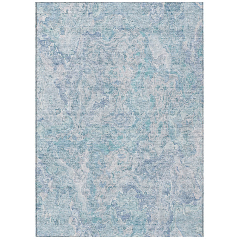 3' X 5' Sky Blue And Denim Blue Abstract Washable Indoor Outdoor Area Rug