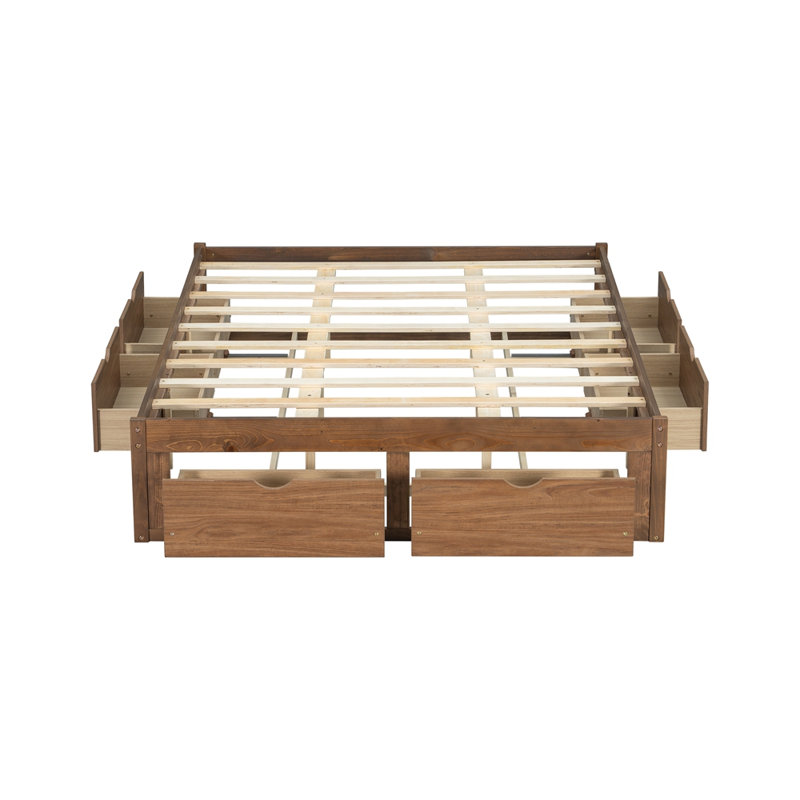 Lit plateforme avec 6 tiroirs de rangement, lit de rangement en bois de pin, Très grand lit, Noyer