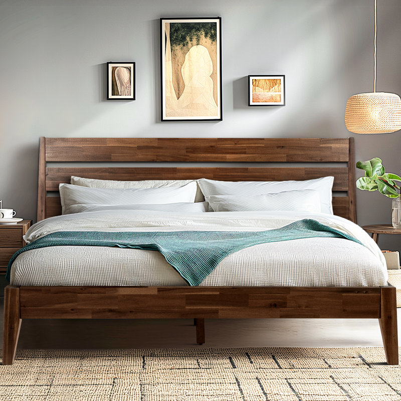 Acacia Christoper Premium Solid Wood Bed Frame, Platform Bed with Headboard Included, Mid century Modern Wood Bed, No Box Spring Needed, Fits All Mattresses