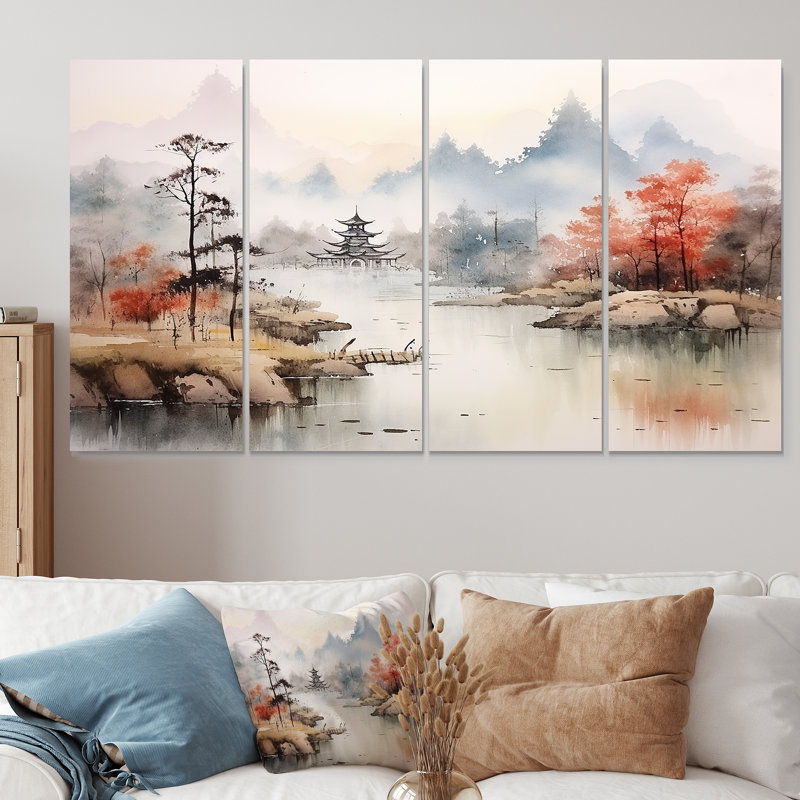 «Tranquil Chinese Landscape Serenity II - China», ensemble de 4 pièces d'art mural, H 32 po x l 64 po
