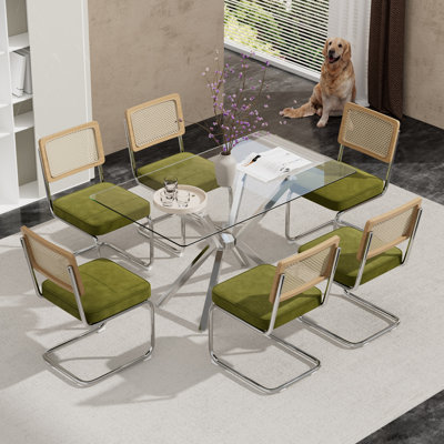 Ensemble de table de salle à manger rectangulaire en verre trempé avec chaises de salle à manger rembourrées en velours de luxe