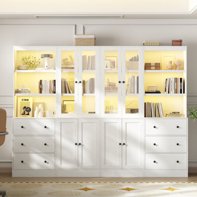 71'' H  Standard Bookcase Cabinet With Tempered Glass Doors & Led Lights (2a+2b)