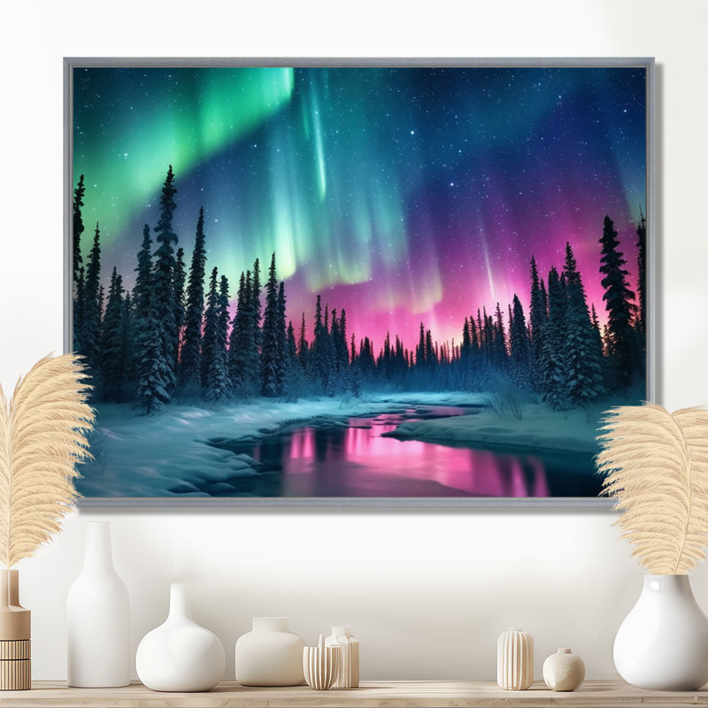 Northern Lights In Alaska II - Alaska, art mural, H 30 po x l 40 po x P 1,5 po, Encadrement argenté